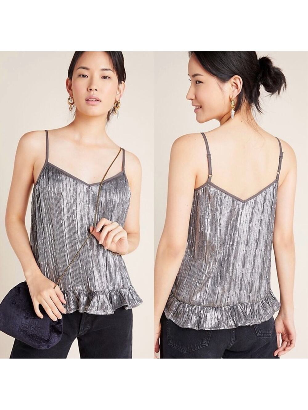 Anthropologie Amelie Sequin Cami Top Silver Ruffled Hem Camisole spaghetti strap